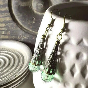 Antique Bronze Filigree Faceted Spring Green Crystal Teardrop Earrings